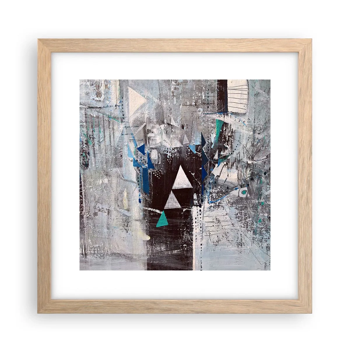 Een poster in een licht eiken lijst - Overschrijvende volgorde van driehoeken - 30x30 cm