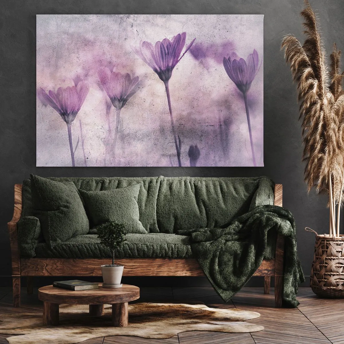 Schilderen op canvas - Delicate bloemen in paarse tinten op een lichte achtergrond - 70x50cm - Een droom van bloemen - Moderne wanddecoratie voor woonkamer en slaapkamer ARTTOR