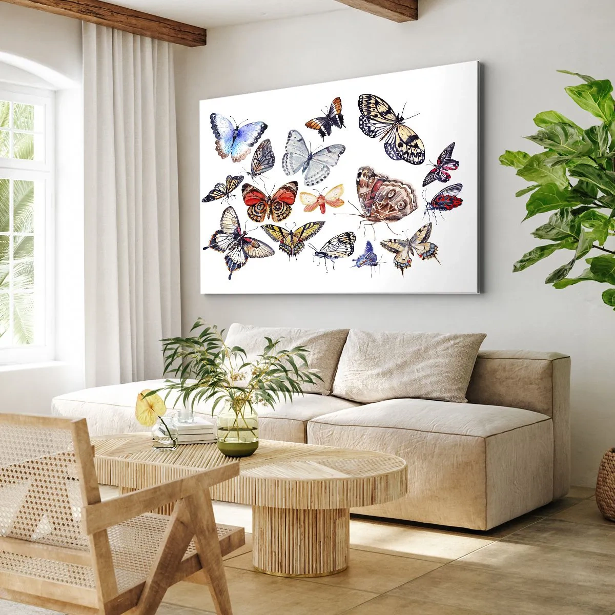Schilderen op canvas - Kleurrijke vlinders op een witte achtergrond - 70x50cm - Kanten, kleurrijke zwerm - Moderne wanddecoratie voor woonkamer en slaapkamer ARTTOR