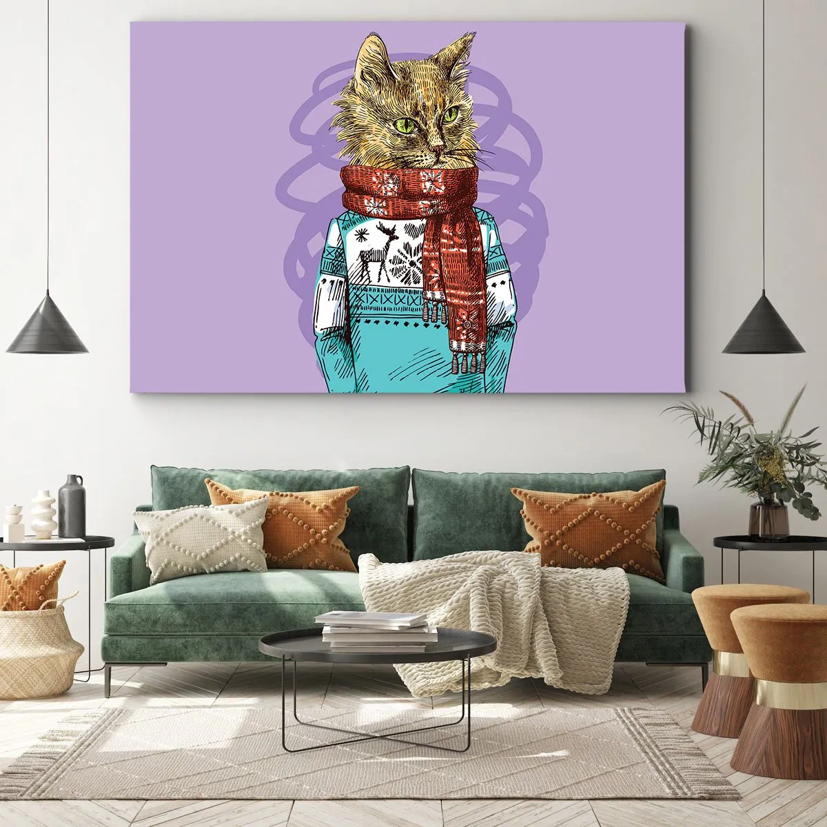 Schilderen op canvas - Een kat in een trui en sjaal op een paarse achtergrond - 70x50cm - De kat niet alleen in schoenen - Moderne wanddecoratie voor woonkamer en slaapkamer ARTTOR