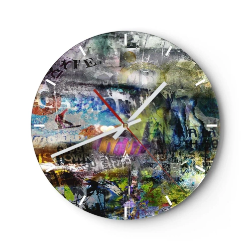 Wandklok - Klok - Abstracte collage in verschillende kleuren met inscripties - 30x30cm - Collage van herinneringen - Moderne wanddecoratie voor woonkamer, keuken en slaapkamer ARTTOR