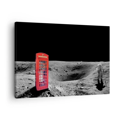 Schilderen op canvas - Rode telefooncel op de maan - 70x50cm - Een kosmische grap - Moderne wanddecoratie voor woonkamer en slaapkamer ARTTOR