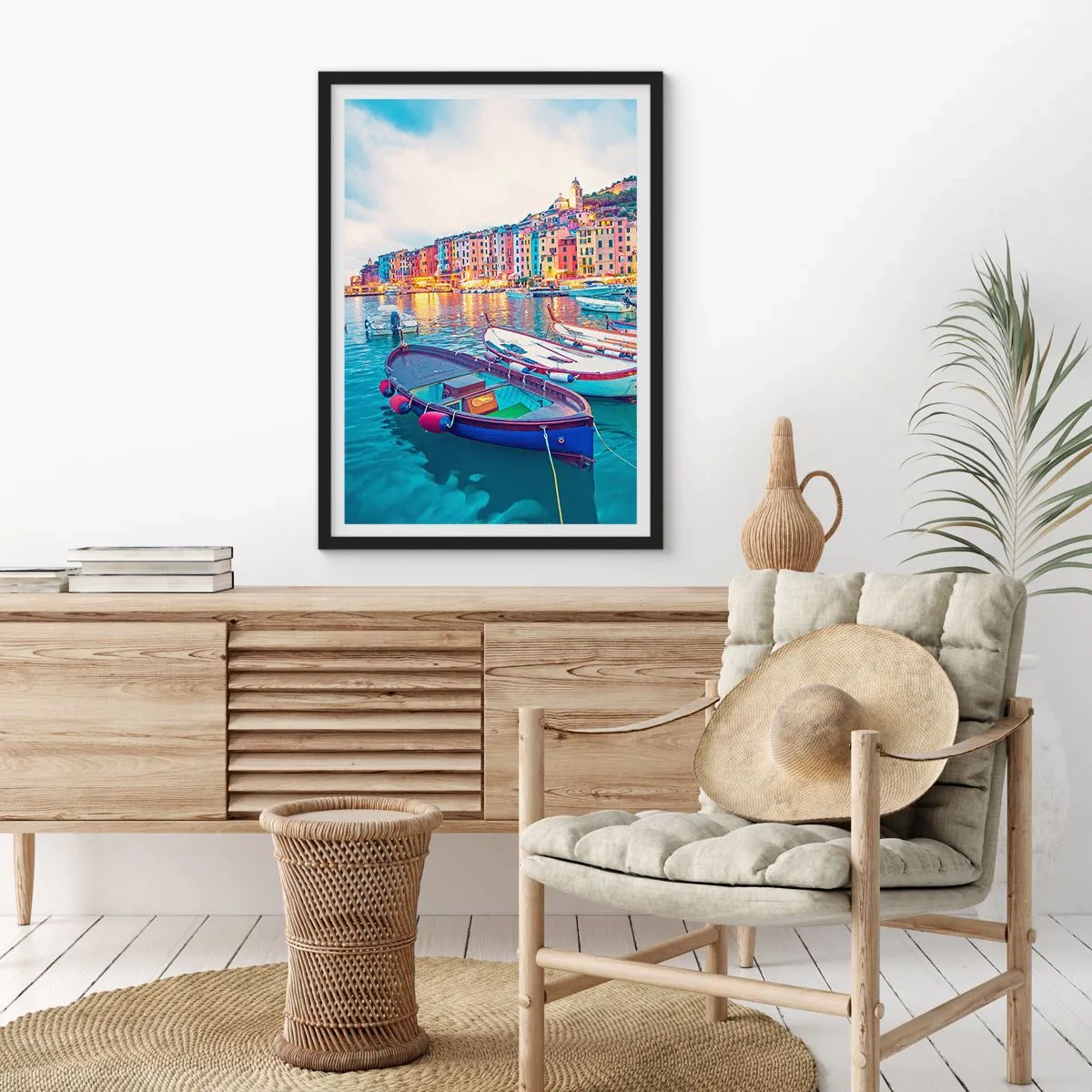 Poster in een zwarte lijst - Kleurrijke avond in de haven - 30x40 cm