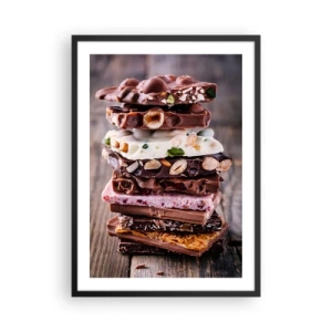 Poster in een zwarte lijst - Een stapel chocolade repen met noten en fruit - 50x70cm - Een heerlijk vooruitzicht - Moderne wanddecoratie voor woonkamer en slaapkamer ARTTOR