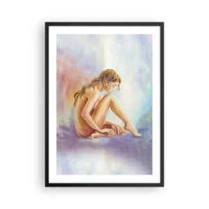 Poster in een zwarte lijst - Een vrouw die in gedachten verzonken is tegen een pastelkleurige achtergrond - 50x70cm - De daad van de jeugd - Moderne wanddecoratie voor woonkamer en slaapkamer ARTTOR