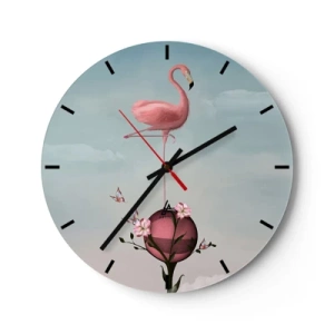 Wandklok - Klok - Een roze flamingo staat op een met bloemen versierde bal. - 30x30cm - Basketbal allegorie - Moderne wanddecoratie voor woonkamer, keuken en slaapkamer ARTTOR