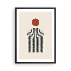 Poster in een zwarte lijst - Geometrische abstractie met een lineaire boog en een rode cirkel. - 50x70cm - Magnetisme van vormen en kleuren - Moderne wanddecoratie voor woonkamer en slaapkamer ARTTOR