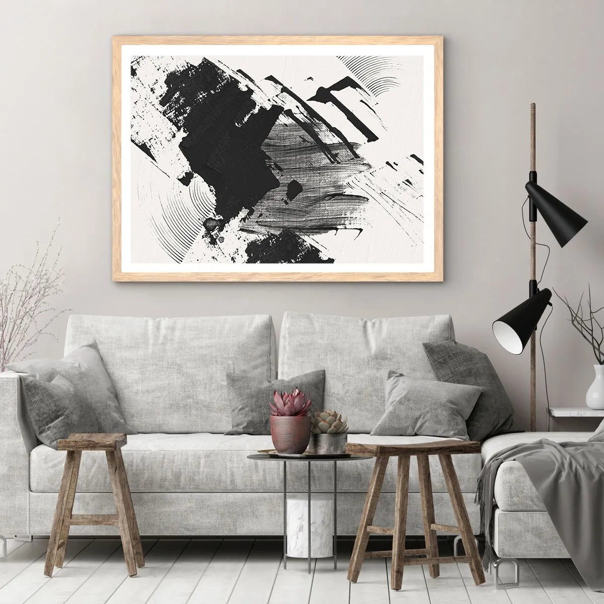 Een poster in een licht eiken lijst - Abstractie – expressie van zwart - 50x40 cm