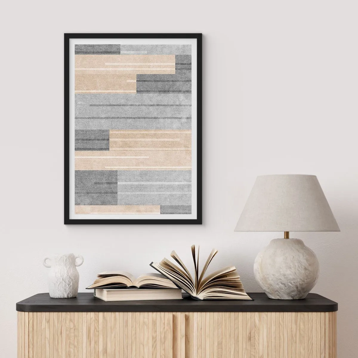 Poster in een zwarte lijst - Een moderne geometrische compositie in tinten grijs en beige - 50x70cm - Compositie: houd verticaal - Moderne wanddecoratie voor woonkamer en slaapkamer ARTTOR