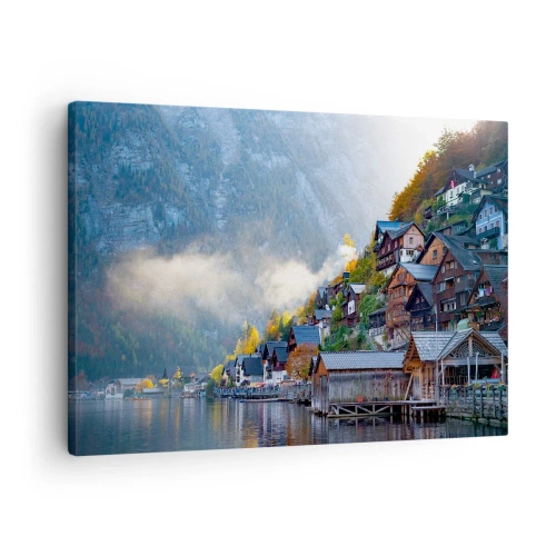 Schilderen op canvas - Een bergdorp aan een meer in een herfstlandschap - 70x50cm - Alpine sfeer - Moderne wanddecoratie voor woonkamer en slaapkamer ARTTOR