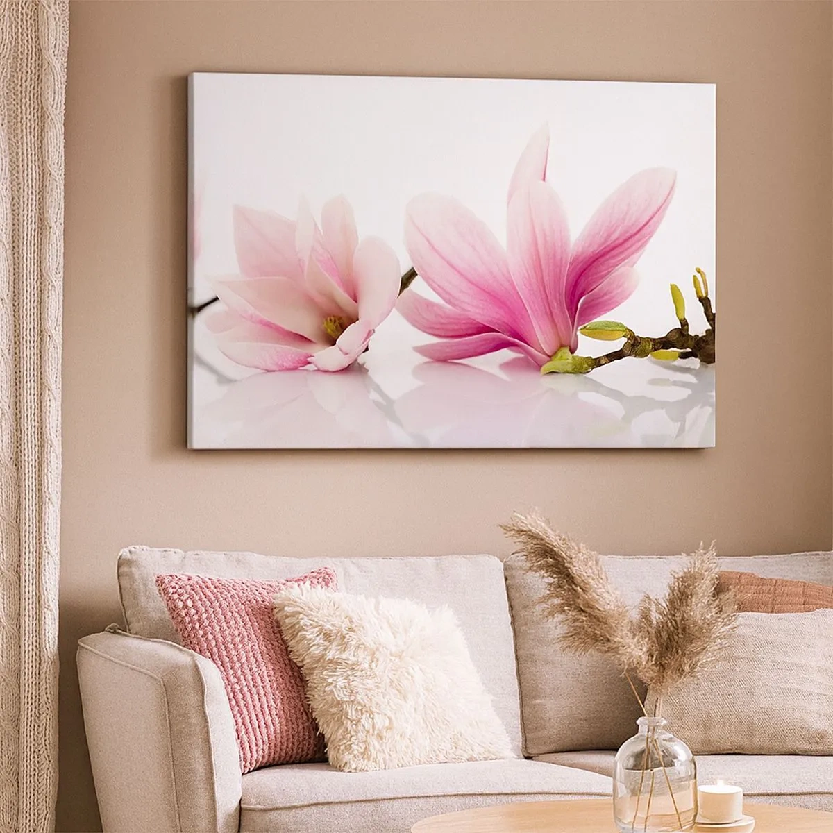 Schilderen op canvas - Delicate roze magnolia's op een witte achtergrond - 70x50cm - Delicaat als een lentebriesje - Moderne wanddecoratie voor woonkamer en slaapkamer ARTTOR