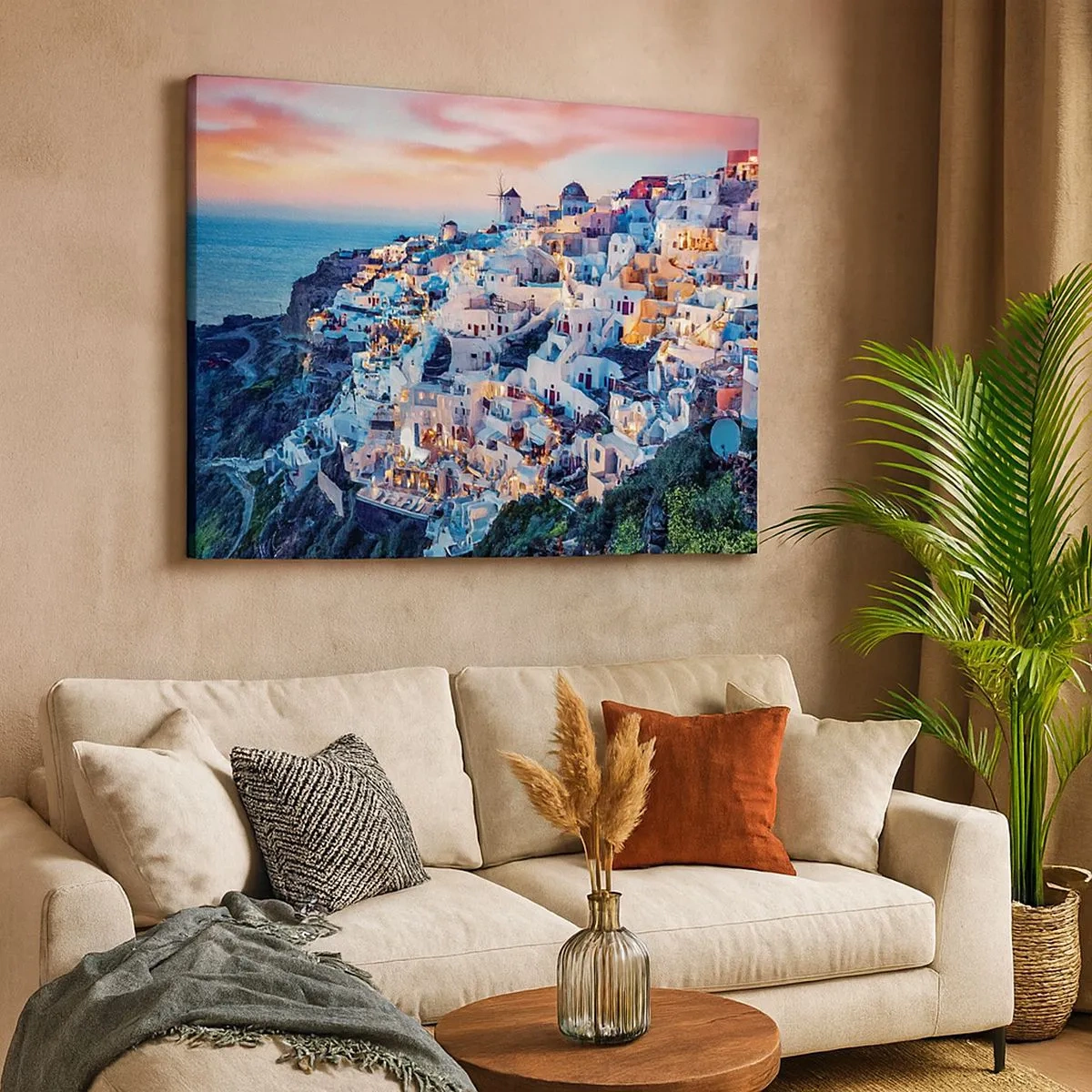 Schilderen op canvas - Santorini bij zonsondergang met witte gebouwen op de heuvel - 70x50cm - Je geweldige Griekse vakantie - Moderne wanddecoratie voor woonkamer en slaapkamer ARTTOR