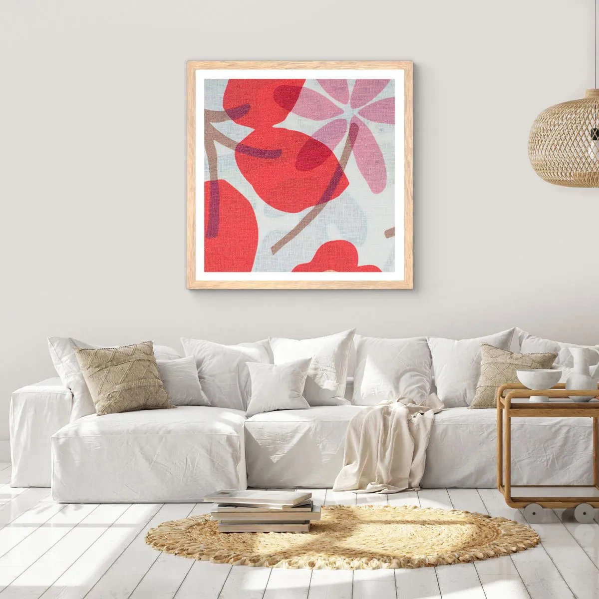 Een poster in een licht eiken lijst - Bloemstuk in roze - 40x40 cm