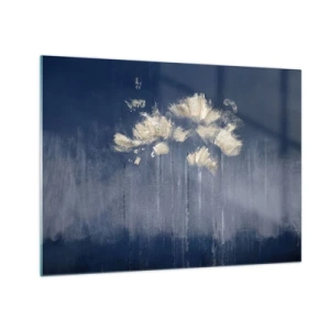 Schilderen op glas - Gouden abstract bloemstuk op een marineblauwe achtergrond - 70x50cm - Als bloemblaadjes in de wind - Moderne wanddecoratie voor woonkamer en slaapkamer ARTTOR