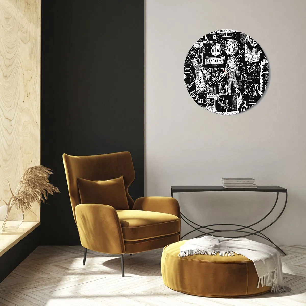 Wandklok - Klok - Een wijzerplaat met een dynamisch artistiek zwart-wit krabbelmotief. - 30x30cm - Geestelijke jeugd van wet en vreugde - Moderne wanddecoratie voor woonkamer, keuken en slaapkamer ARTTOR