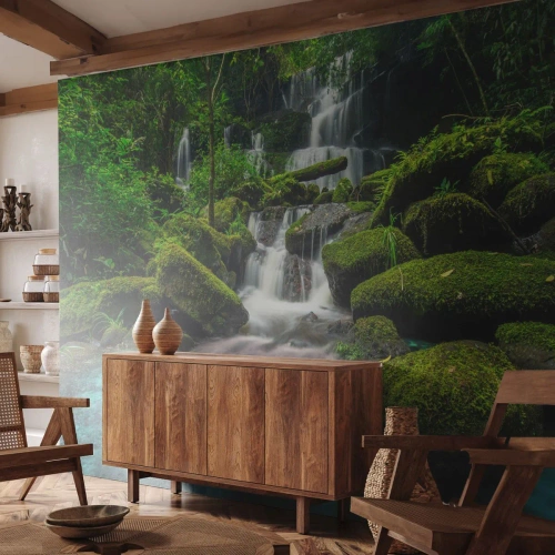 Fotobehang Standard Eco - Turkoois, saffieren en vloeibaar zilver - Landschap, Waterval, Berg rivier - 250x175 cm