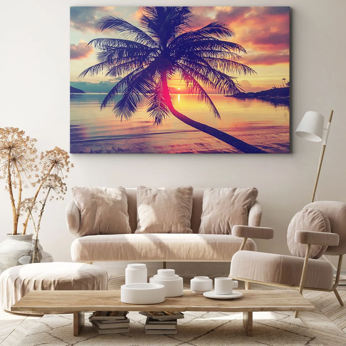 Schilderen op canvas - Zonsondergang met een palmboom boven een rustige kust - 70x50cm - Avond onder de palmbomen - Moderne wanddecoratie voor woonkamer en slaapkamer ARTTOR