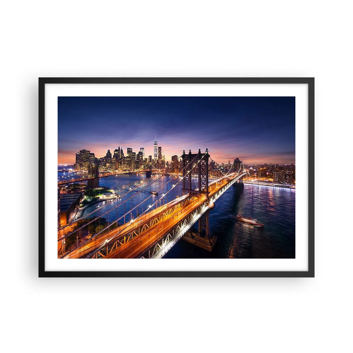 Poster in een zwarte lijst - Een stralende brug naar het hart van de stad - 70x50 cm
