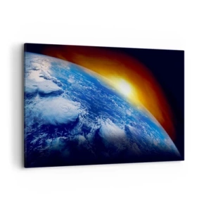 Schilderen op canvas - Zonsopgang boven de blauwe planeet - 120x80 cm