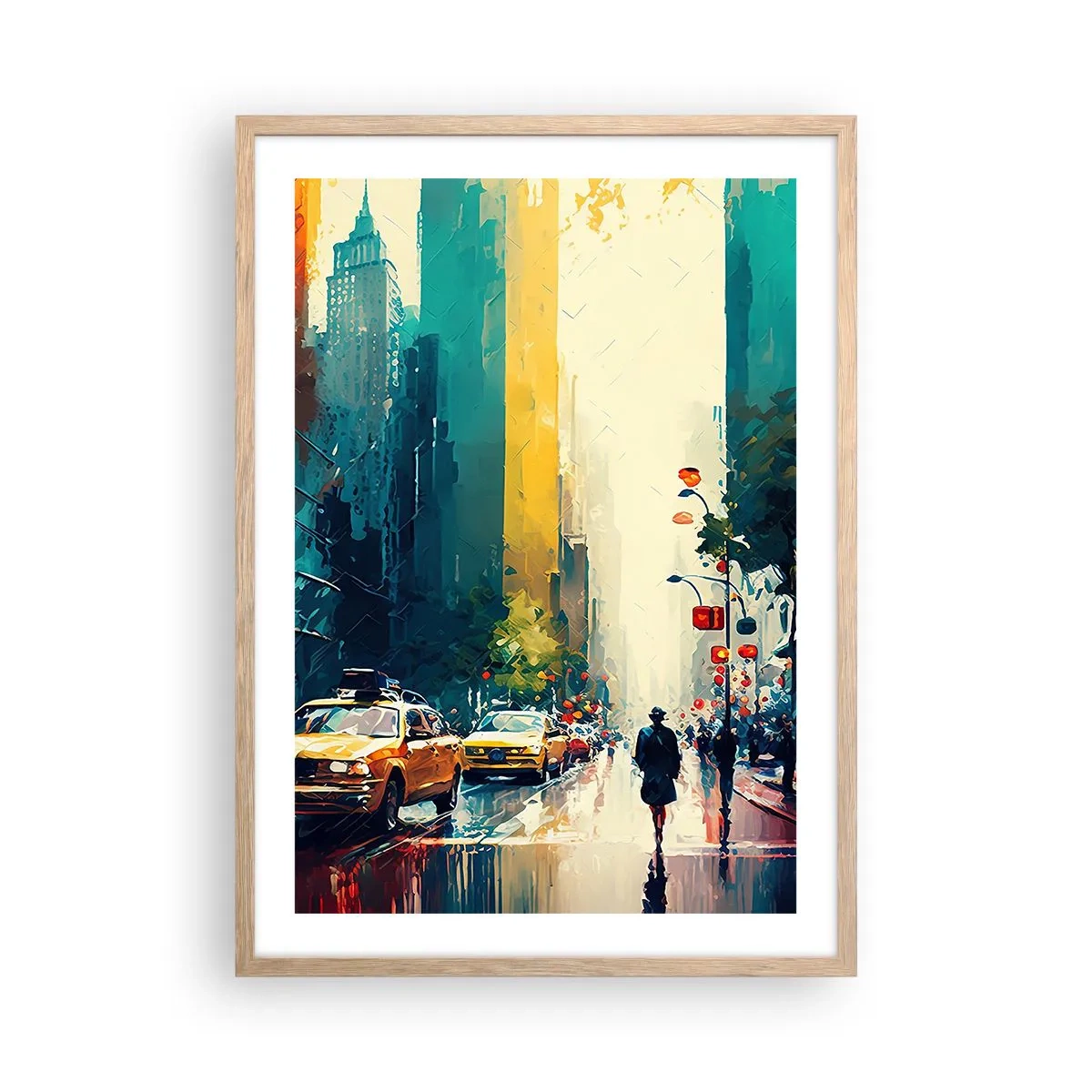 Een poster in een licht eiken lijst - New York – zelfs de regen is hier kleurrijk - 50x70 cm