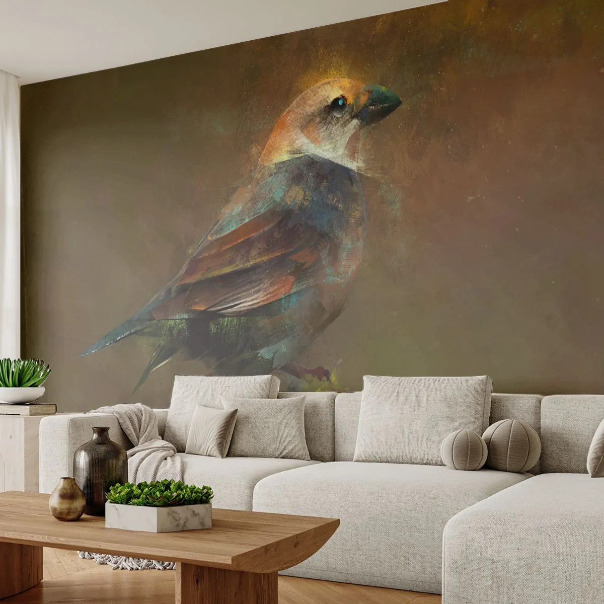 Zelfklevend Fotobehang Deluxe Sticker - Een mus, een klein vogeltje - Abstractie, Vogel, Natuur - 250x175 cm