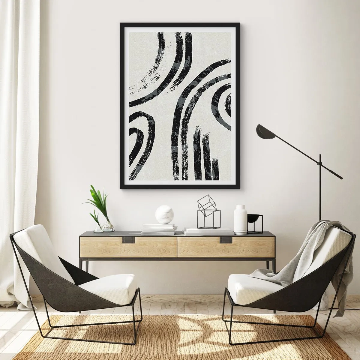 Poster in een zwarte lijst - Abstracte zwarte lijnen op een lichte achtergrond - 50x70cm - Half gestopt - Moderne wanddecoratie voor woonkamer en slaapkamer ARTTOR