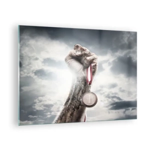 Schilderen op glas - Een hand die een medaille vasthoudt tegen een achtergrond van wolken - 70x50cm - Per aspera ad astra - Moderne wanddecoratie voor woonkamer en slaapkamer ARTTOR