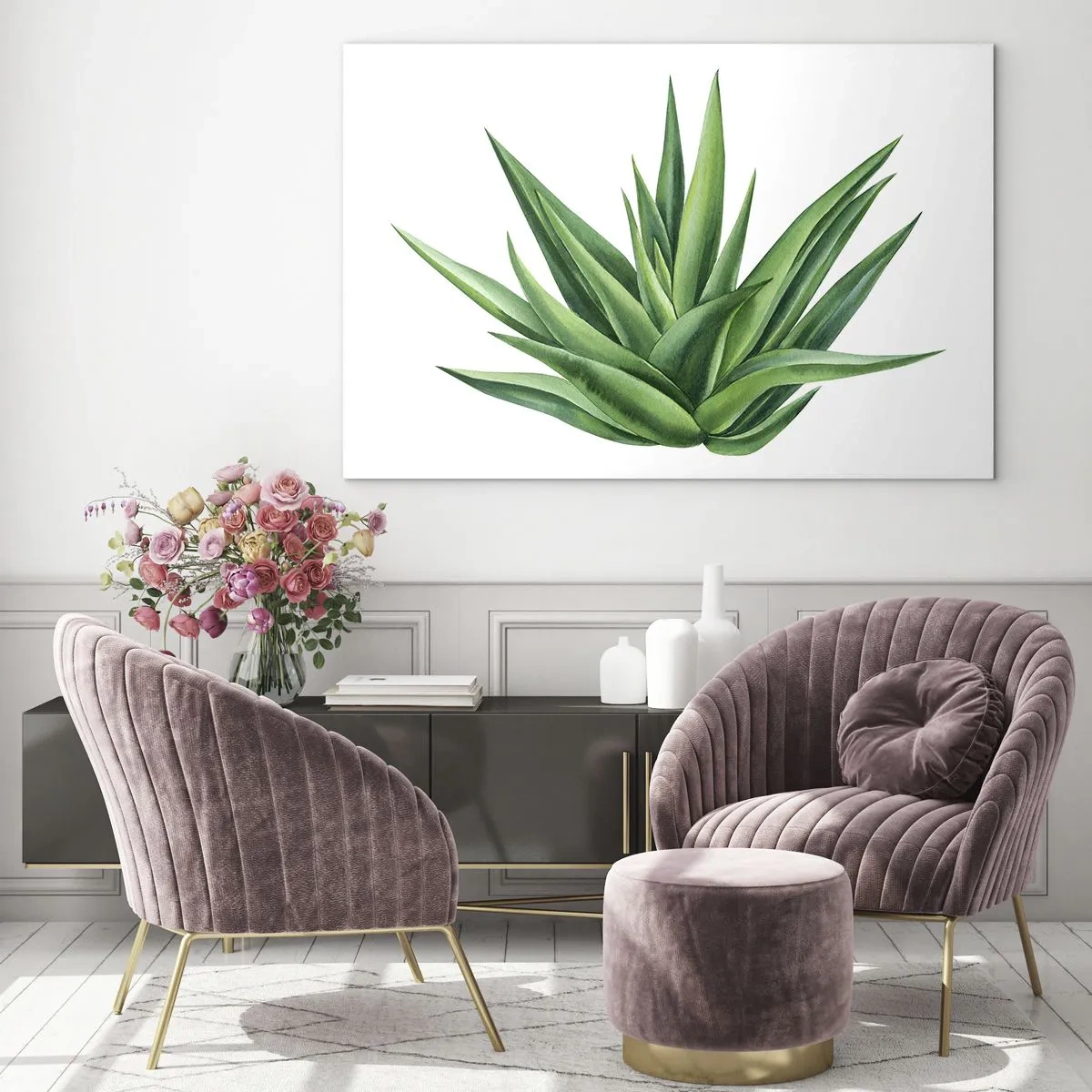 Schilderen op glas - Een groene plant met vlezige bladeren op een witte achtergrond - 70x50cm - Groen – kracht – leven - Moderne wanddecoratie voor woonkamer en slaapkamer ARTTOR
