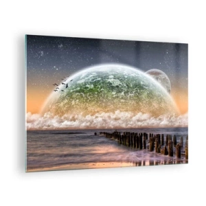 Schilderen op glas - Zonsondergang over de planeet en de oceaan - 70x50cm - En de wereld kwam uit het water - Moderne wanddecoratie voor woonkamer en slaapkamer ARTTOR