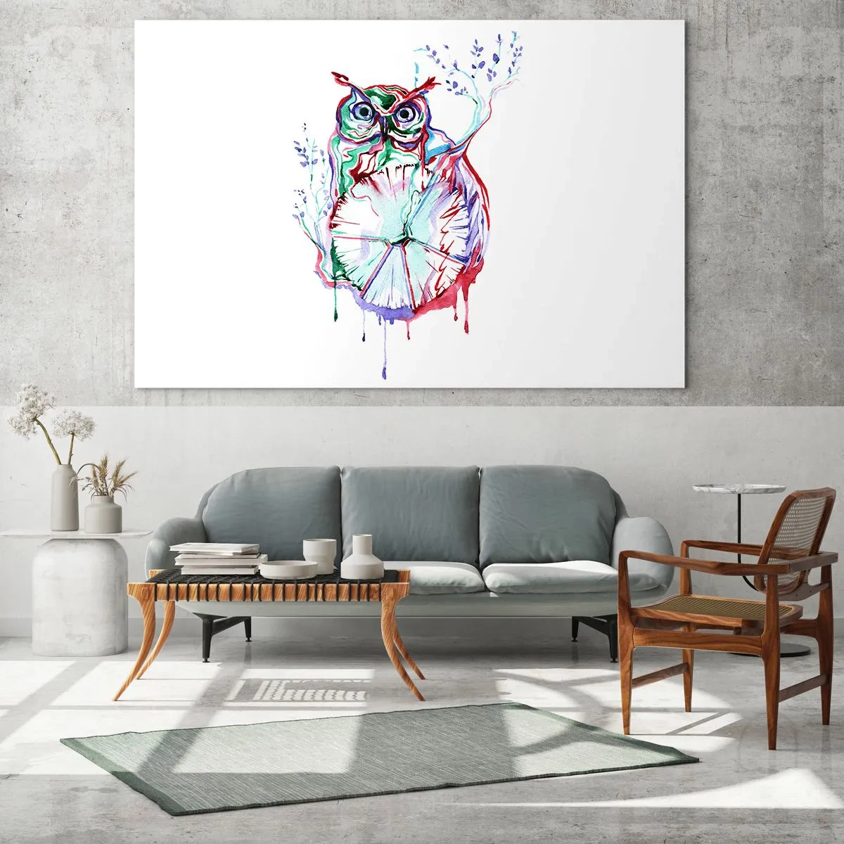 Schilderen op glas - Abstracte uil in een kleurrijke aquarelcompositie - 70x50cm - Wijs van nature - Moderne wanddecoratie voor woonkamer en slaapkamer ARTTOR
