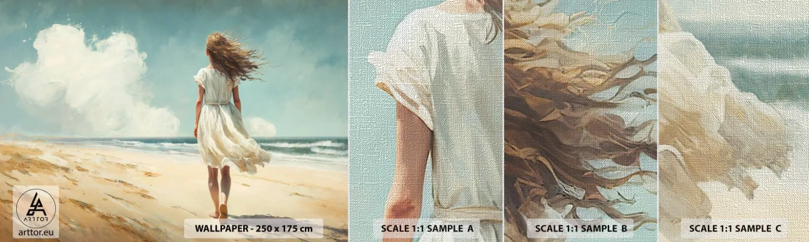 Fotobehang Monster Premium Canvas - Om de zon en de wind te ontmoeten - Meisje, Strand, Wandeling - 100x30 cm