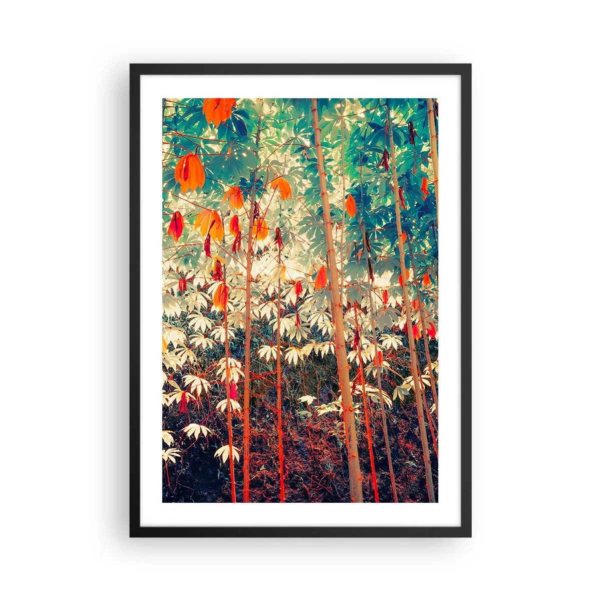 Poster in een zwarte lijst - Een kleurrijk tropisch bos gedomineerd door rood en groen - 50x70cm - Het geheime leven van de bladeren - Moderne wanddecoratie voor woonkamer en slaapkamer ARTTOR