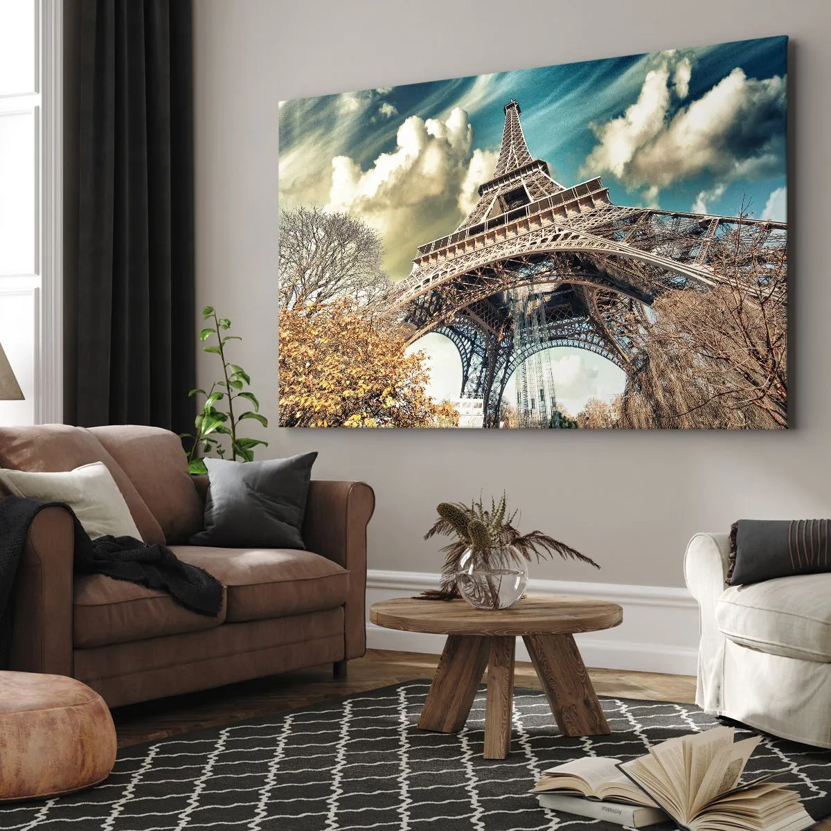 Schilderen op canvas - De Eiffeltoren van onderaf in een herfstachtige setting - 70x50cm - En in de herfst in Parijs... - Moderne wanddecoratie voor woonkamer en slaapkamer ARTTOR