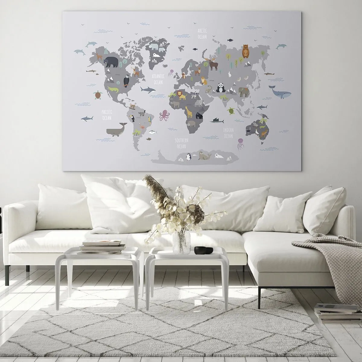 Schilderen op glas - Geïllustreerde wereldkaart met karakteristieke dieren - 70x50cm - Vertel me waar je vandaan komt ... - Moderne wanddecoratie voor woonkamer en slaapkamer ARTTOR
