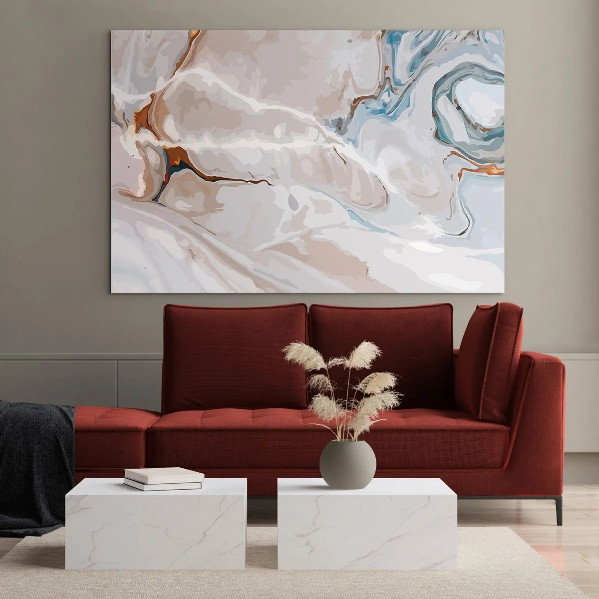 Schilderen op glas - Blauw kronkelt onder het wit - 120x80 cm