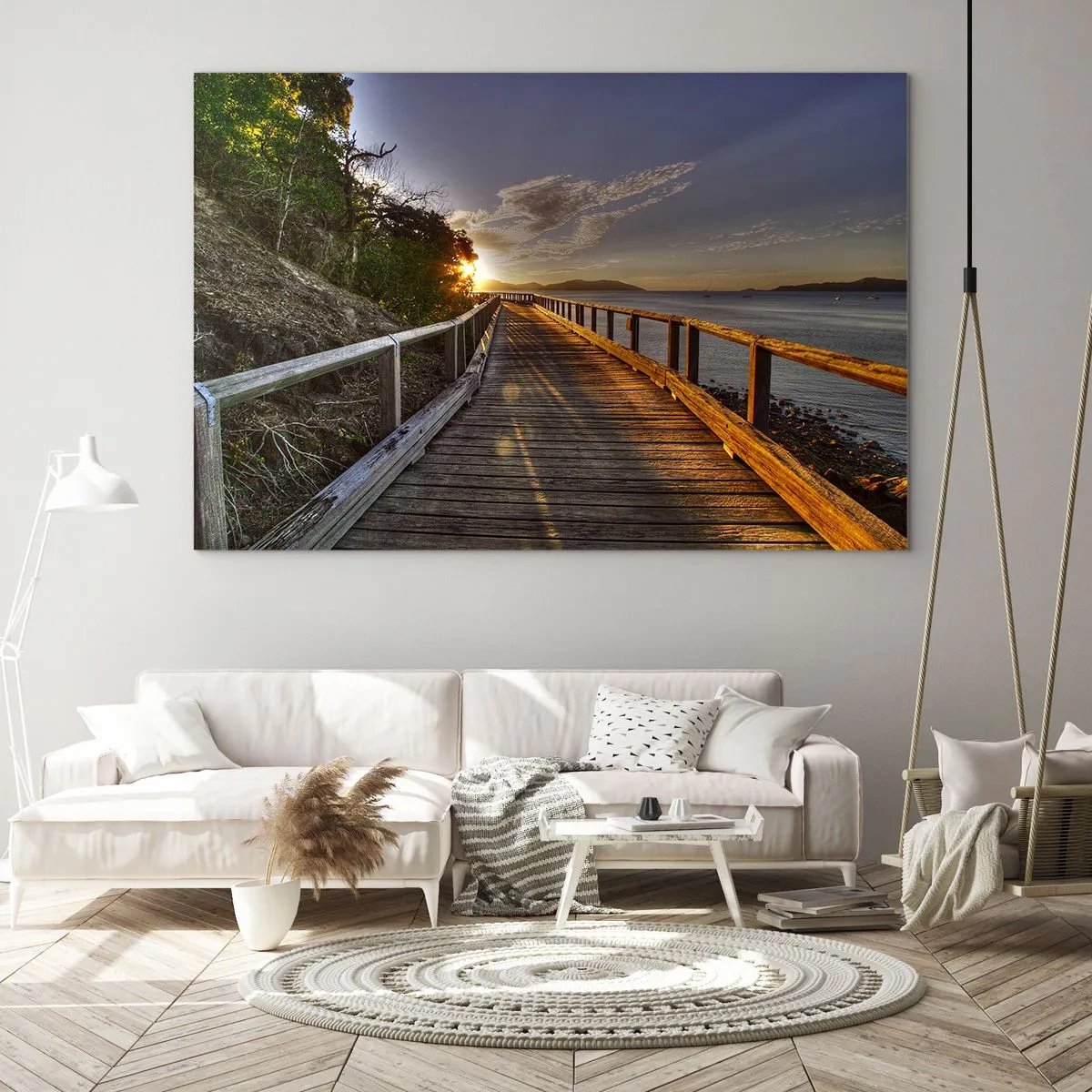 Schilderen op glas - Houten loopbrug bij zonsondergang - 70x50cm - Ga, blijf naar de zon gaan - Moderne wanddecoratie voor woonkamer en slaapkamer ARTTOR