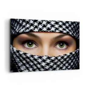 Schilderen op canvas - Portret van een gesluierde schoonheid met groene ogen - 100x70 cm