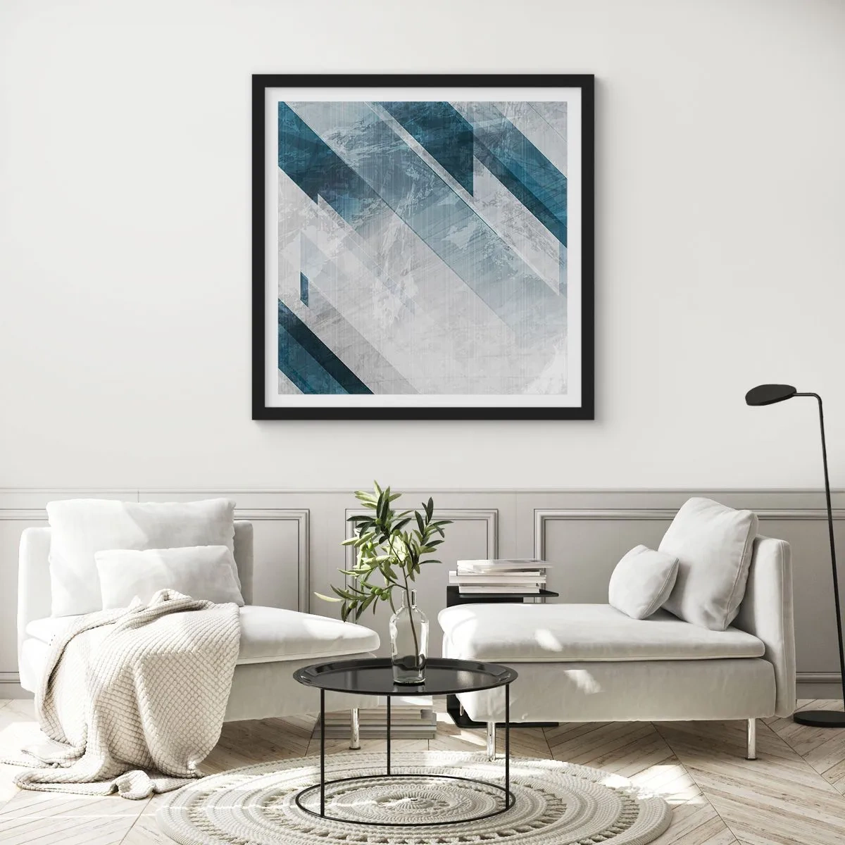 Poster in een zwarte lijst - Ruimtelijke compositie - grijze beweging - 60x60 cm