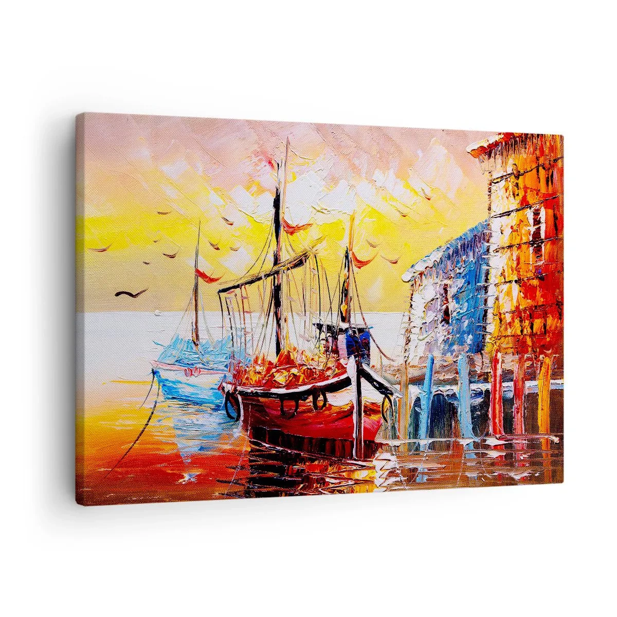 Schilderen op canvas - Schilderachtige haven bij zonsondergang met vissersboten - 70x50cm - Gelukkige terugkeer - Moderne wanddecoratie voor woonkamer en slaapkamer ARTTOR
