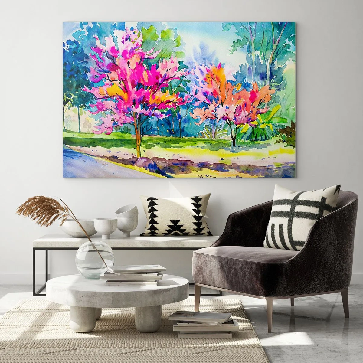 Schilderen op glas - Kleurrijke bomen in het park geschilderd met aquareltechniek - 70x50cm - Regenboogtuin in het lentelicht - Moderne wanddecoratie voor woonkamer en slaapkamer ARTTOR