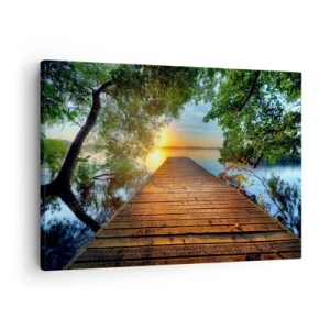 Schilderen op canvas - Een houten pier omgeven door groen tijdens zonsondergang - 70x50cm - Neem de tijd, ga zitten - Moderne wanddecoratie voor woonkamer en slaapkamer ARTTOR
