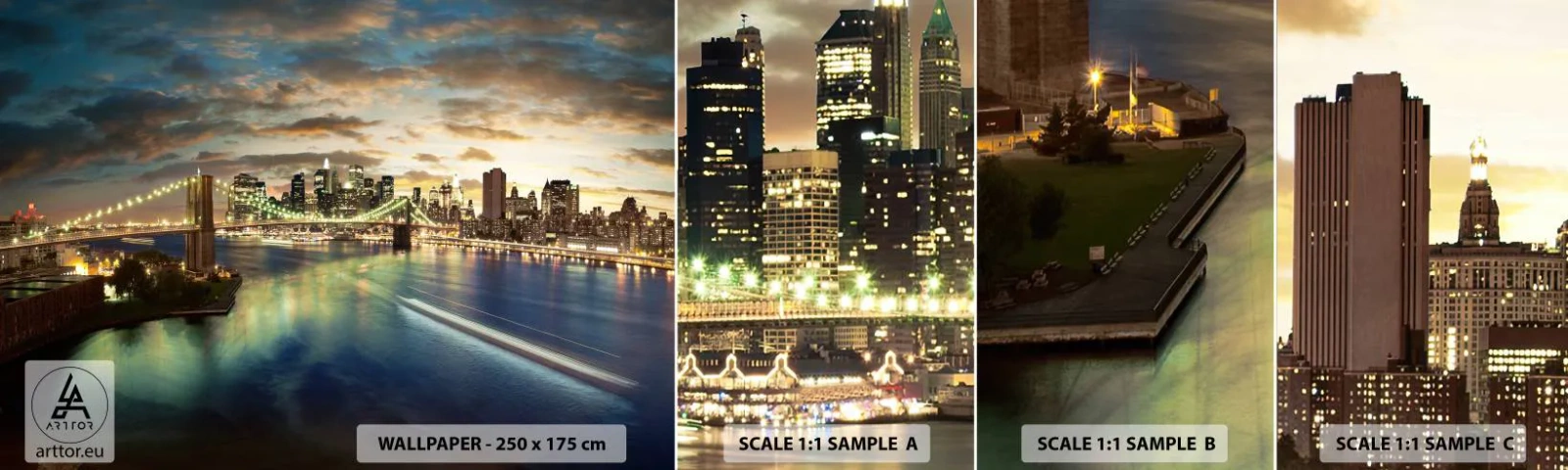 Fotobehang Staaltje Standard Eco - Een heldere avond boven Manchatan - Stad, Brug, New York - 100x30 cm