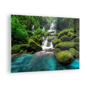 Schilderen op glas - Een exotische waterval omgeven door weelderig groen en turquoise water - 70x50cm - Turkoois, saffieren en vloeibaar zilver - Moderne wanddecoratie voor woonkamer en slaapkamer ARTTOR