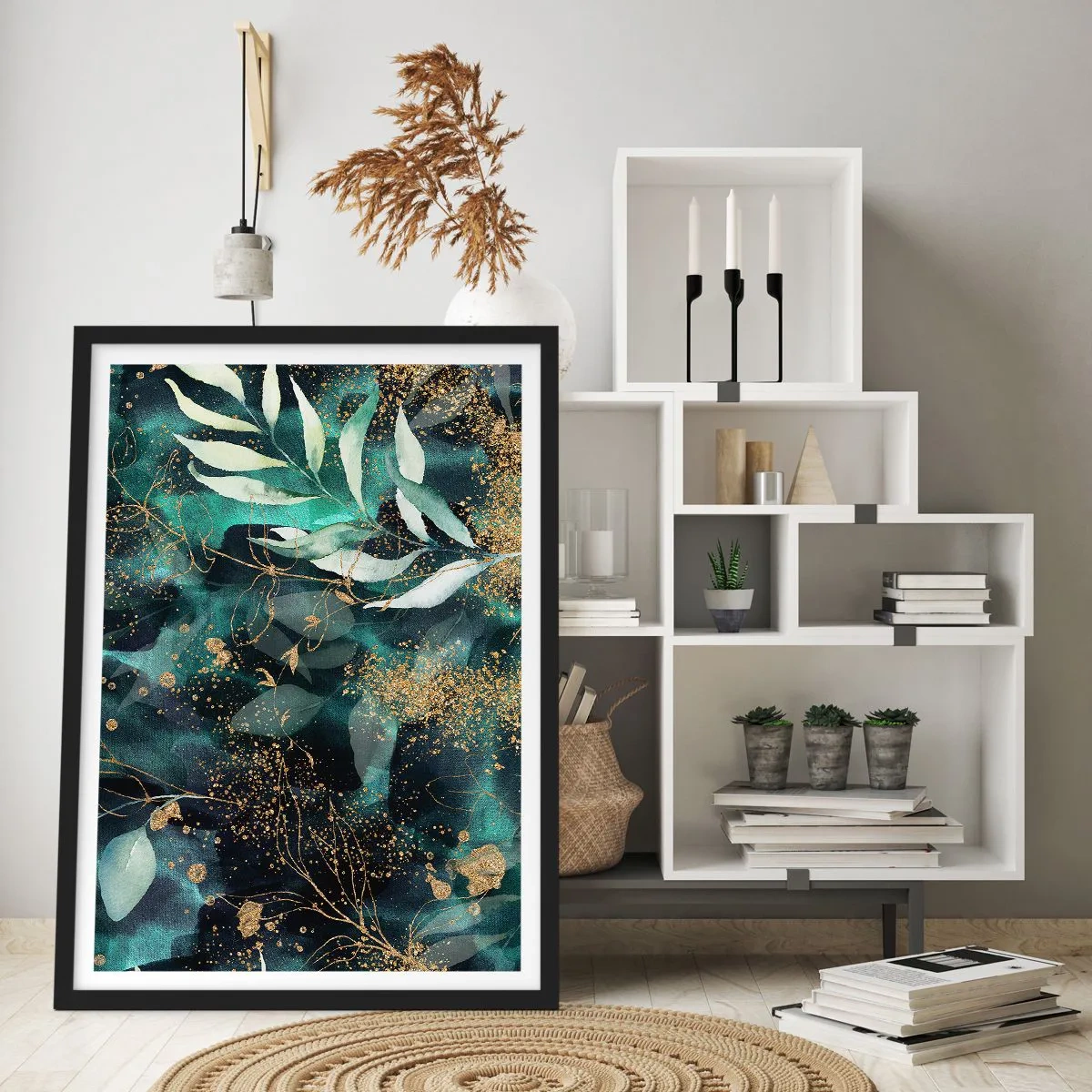 Poster in een zwarte lijst - Groene bladeren en gouden accenten op een donkere achtergrond - 50x70cm - Magische tuin - Moderne wanddecoratie voor woonkamer en slaapkamer ARTTOR