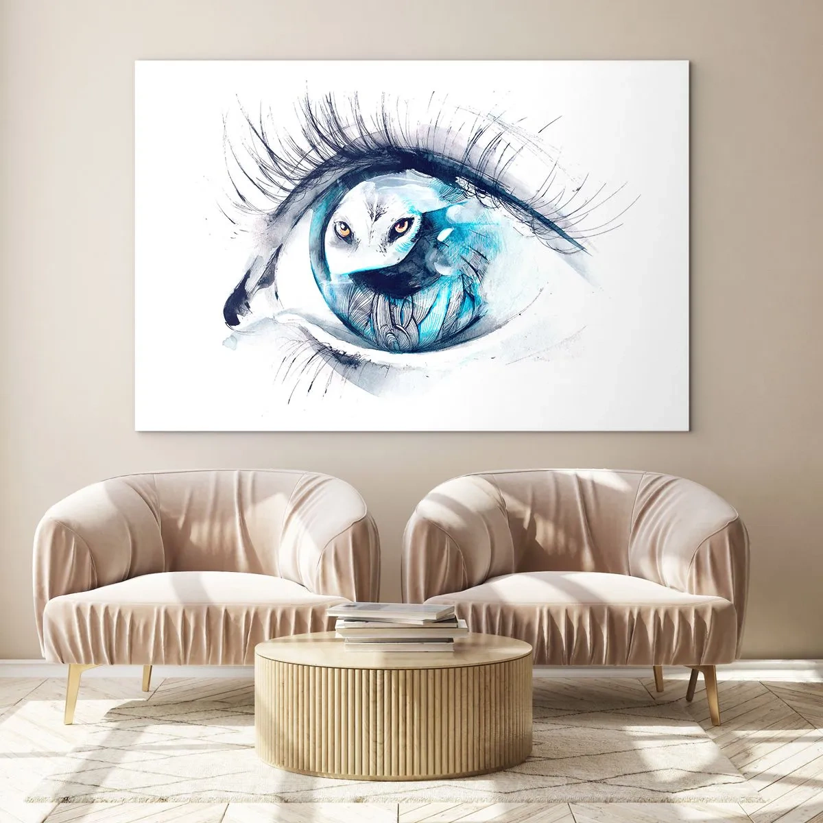 Schilderen op glas - Een vrouwenoog met een uilmotief in aquarelstijl - 70x50cm - Oog in oog met wildheid - Moderne wanddecoratie voor woonkamer en slaapkamer ARTTOR