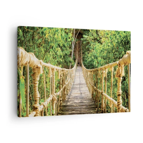 Schilderen op canvas - Een hangbrug in een tropisch bos vol groen - 70x50cm - Opgeschort in het groen - Moderne wanddecoratie voor woonkamer en slaapkamer ARTTOR