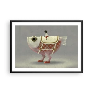Poster in een zwarte lijst - Ruiter op een surrealistische vis - 70x50 cm