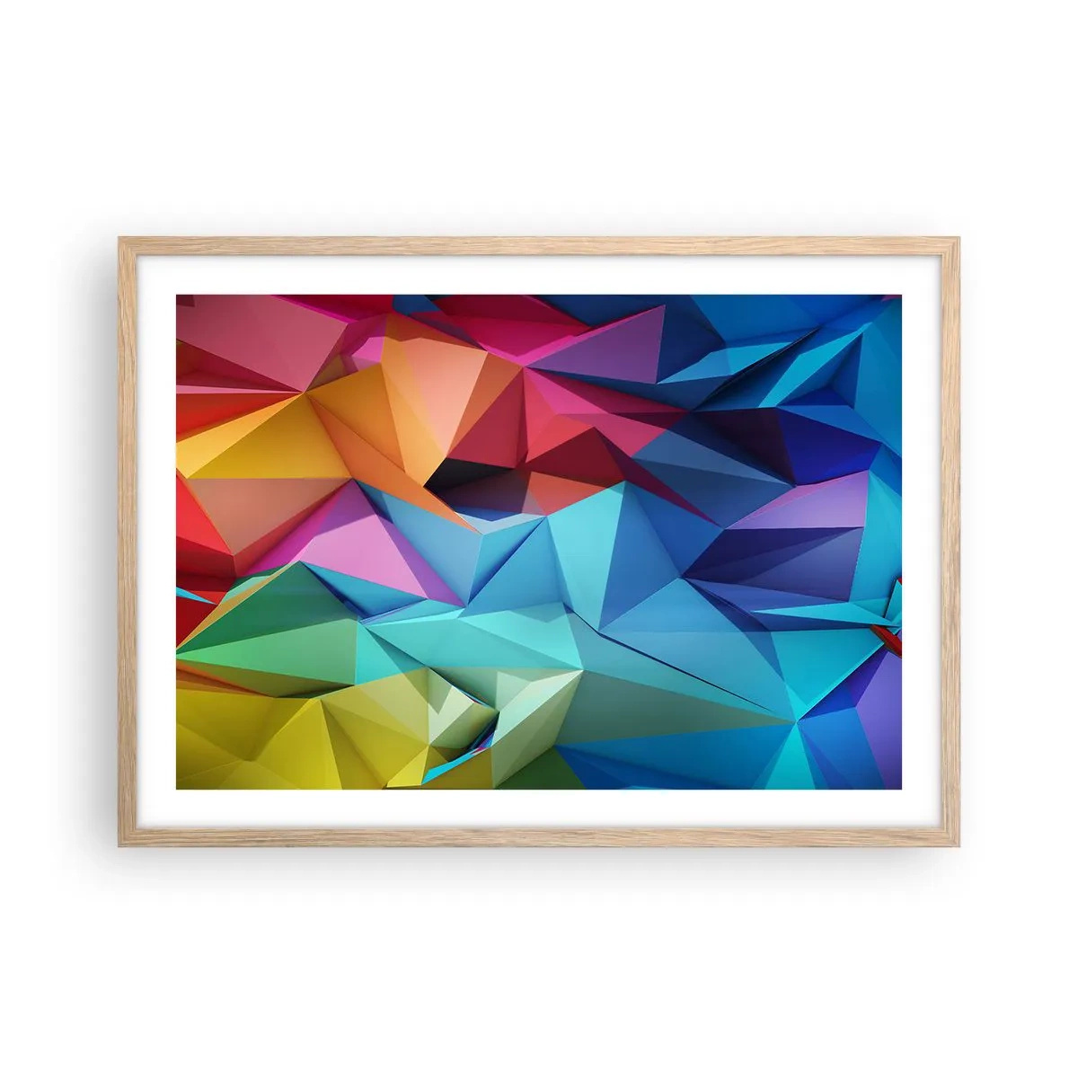 Een poster in een licht eiken lijst - Regenboog origami - 70x50 cm