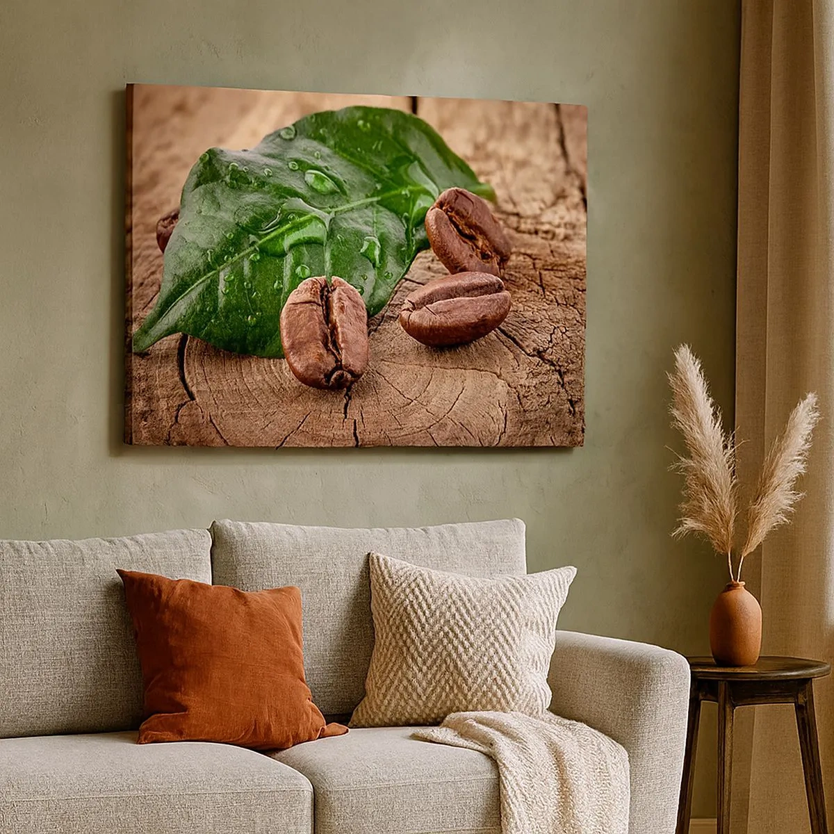 Schilderen op canvas - Koffiebonen en groen blad op een houten achtergrond - 70x50cm - De meest ware en zwarte - Moderne wanddecoratie voor woonkamer en slaapkamer ARTTOR