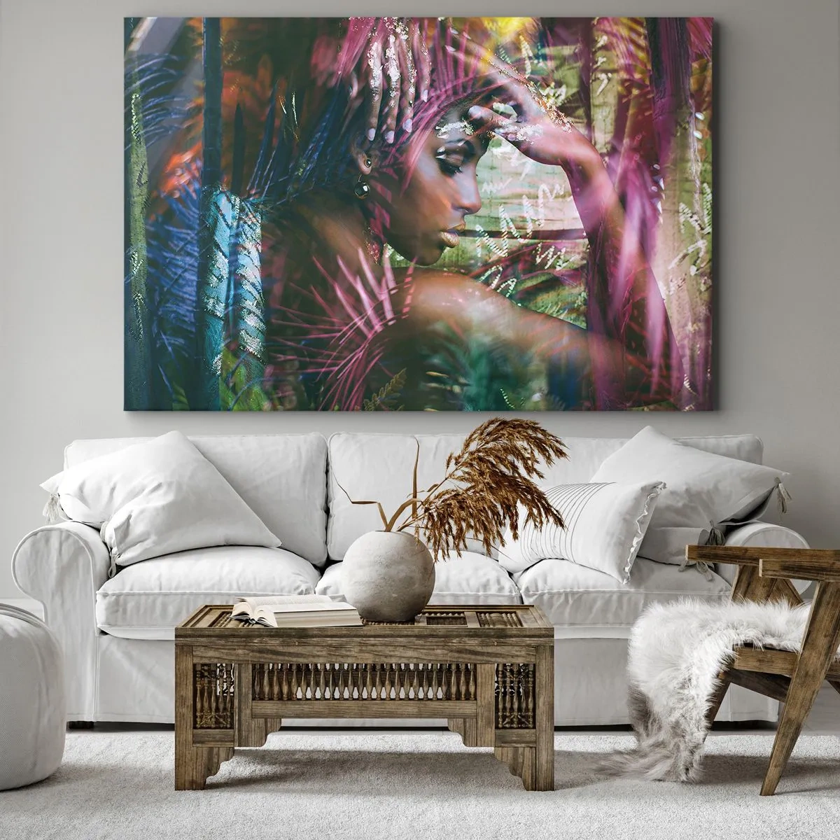 Schilderen op canvas - Portret van een vrouw omringd door exotische vegetatie - 70x50cm - Moeder Natuur in de jungle - Moderne wanddecoratie voor woonkamer en slaapkamer ARTTOR